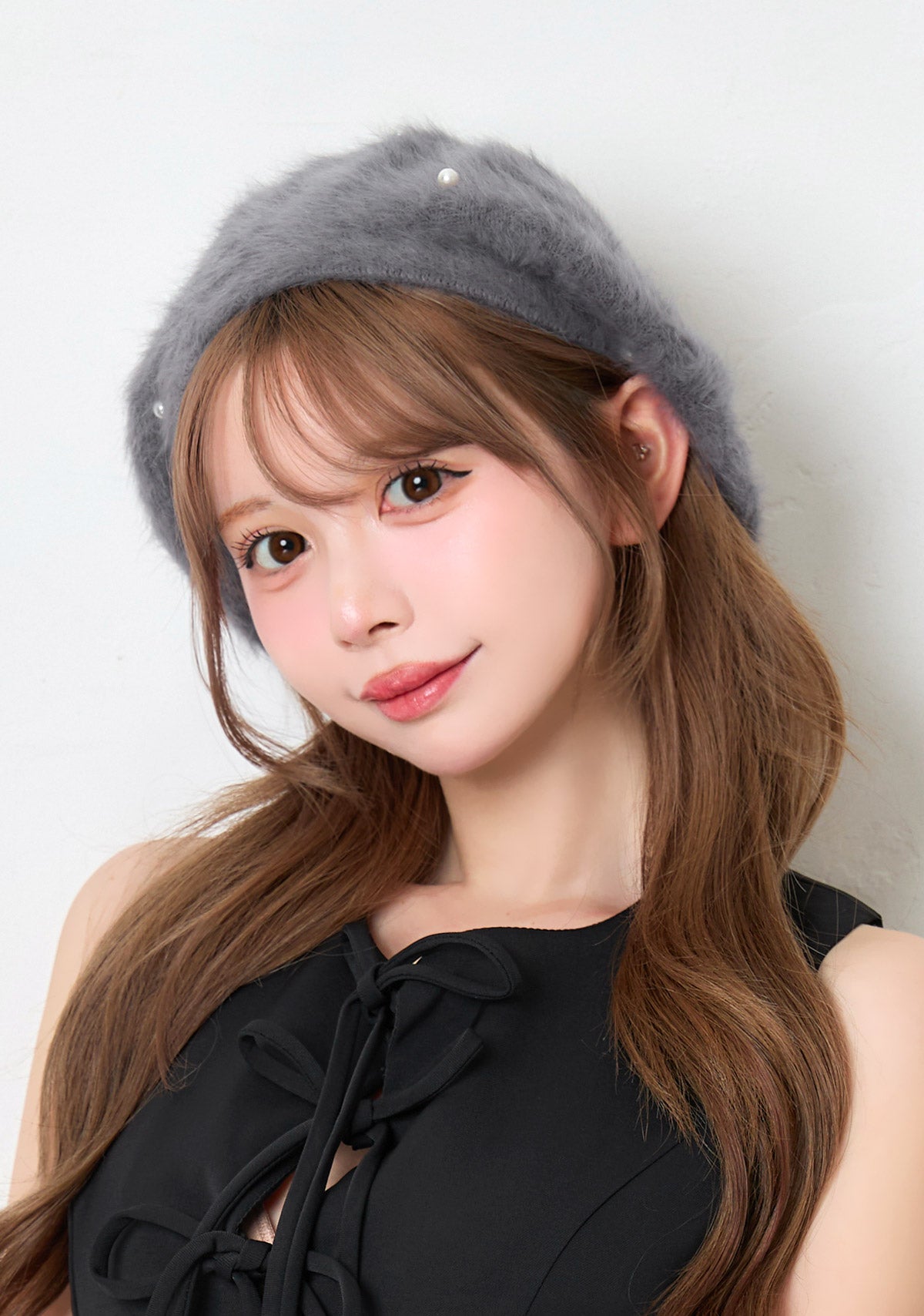 パール付きふわふわニットベレー帽