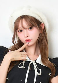 パール付きふわふわニットベレー帽