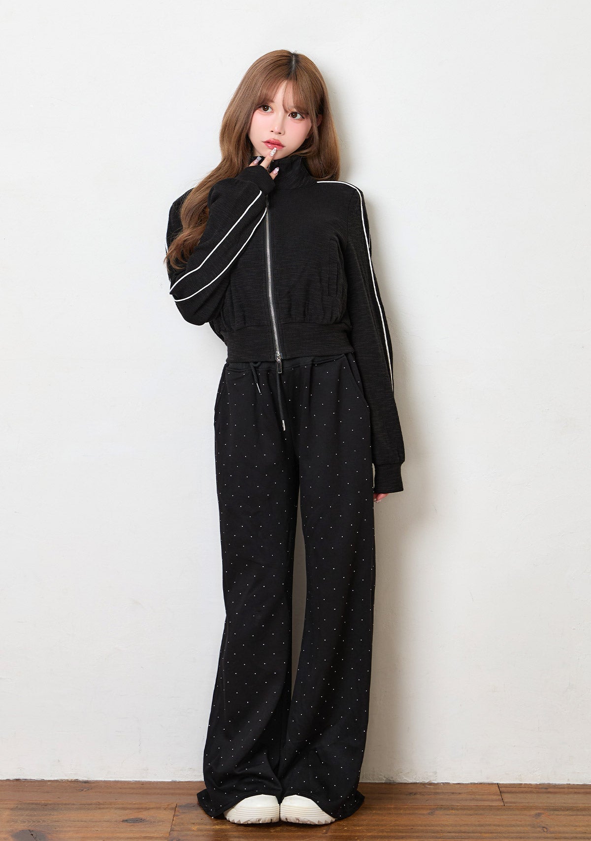 配色パイピングダブルジップショートブルゾン